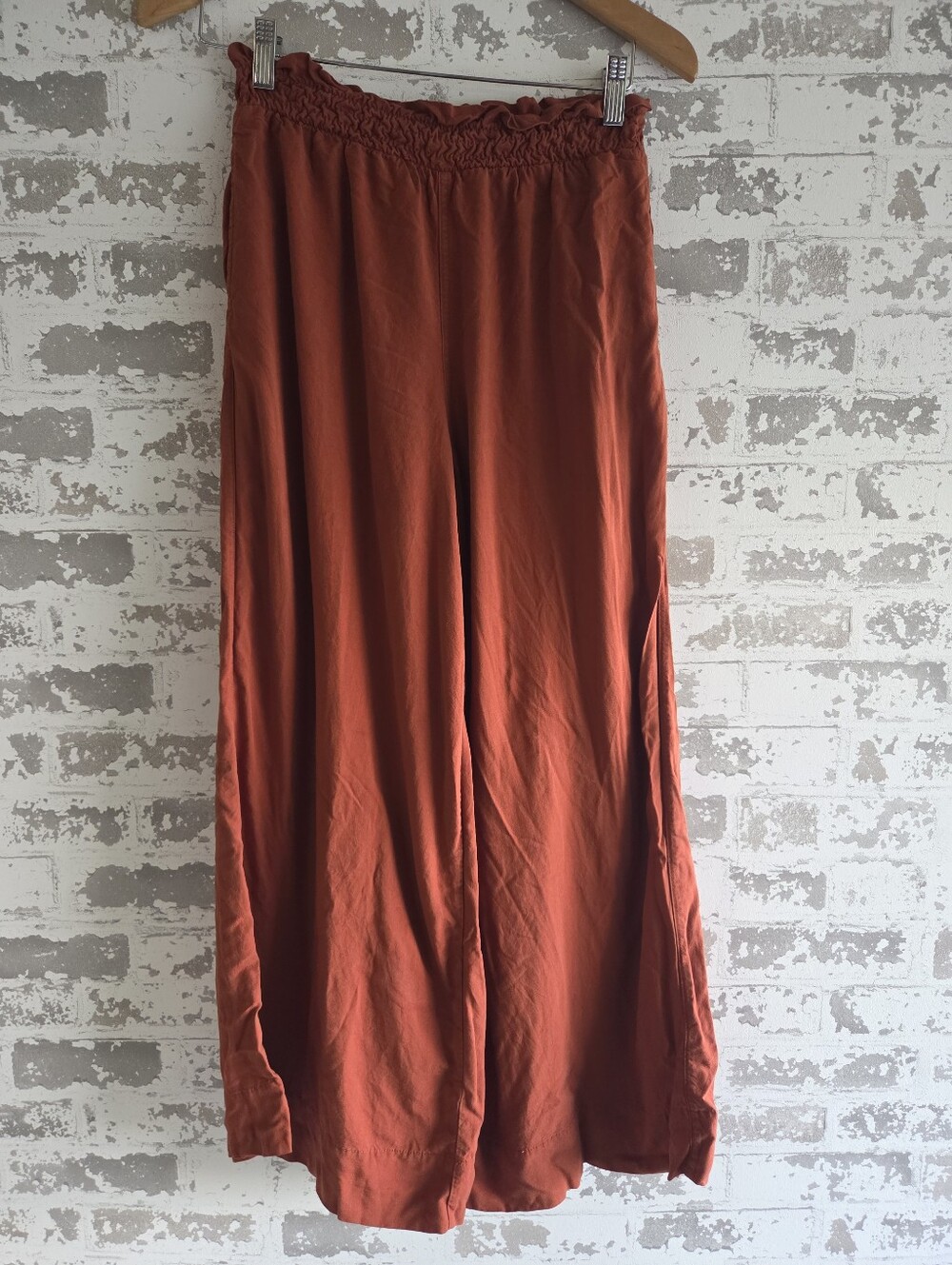 Elodie Rust Smocked High Waist Wide Leg Tencel Pants S